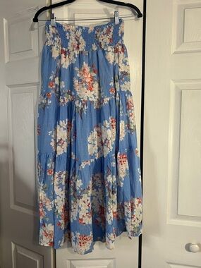 Laura Ashley Blue Floral Tiered Maxi Skirt with White & Coral Blossoms
